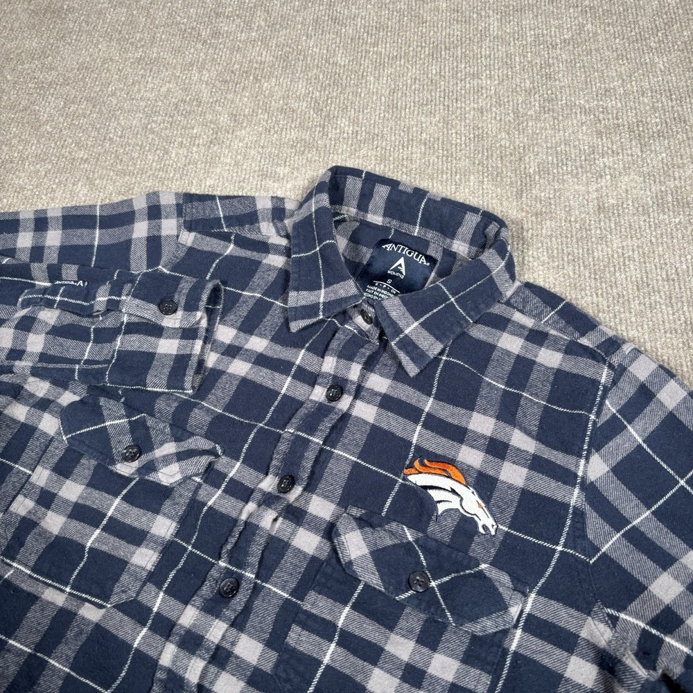 Denver Broncos Flannel Shirt Womens S Blue Gray‎ Plaid Embroidered Antigua NFL